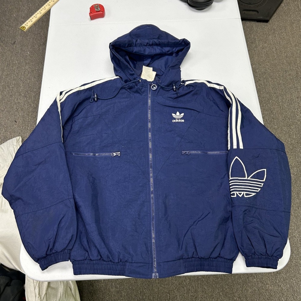 Adidas Windbreaker Jacket Mens S Navy Blue Vintage Trefoil Hooded Full Zip H2